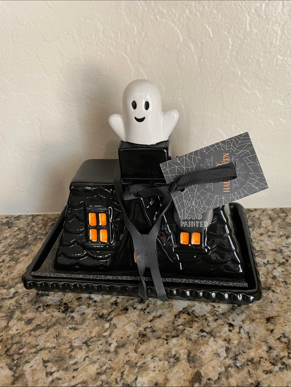 Halloween Ceramic Ghost House Butter Dish - Black, White & Orange